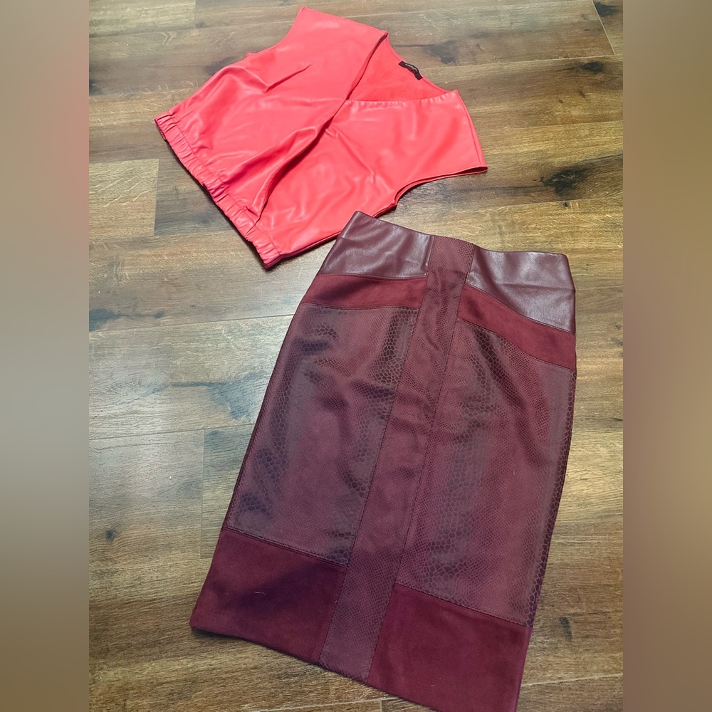 Bundle of two elegant Burgundy Leather Skirt and red leather shirt